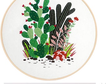 Complete Embroidery Kit Cactus DIY Circle Embroidery thread, Pattern and Instructions for Beginners, gift idea.free delivery