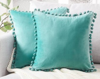 Lot 2 Cushion Covers Size of your choice (40x40),(50/50) (30/50) (40/60) in Mustard Color Velvet with Pompoms Free delivery