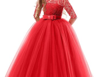 Princess Red Dress Long Lace Bridesmaid Evening Dress Wedding Birthday Dress Size from 3 years to 14 years