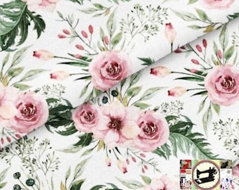 100% cotton fabric, "Roses" pattern, white color, from 50cm, 2 widths to choose from (80cm or 160cm wide).