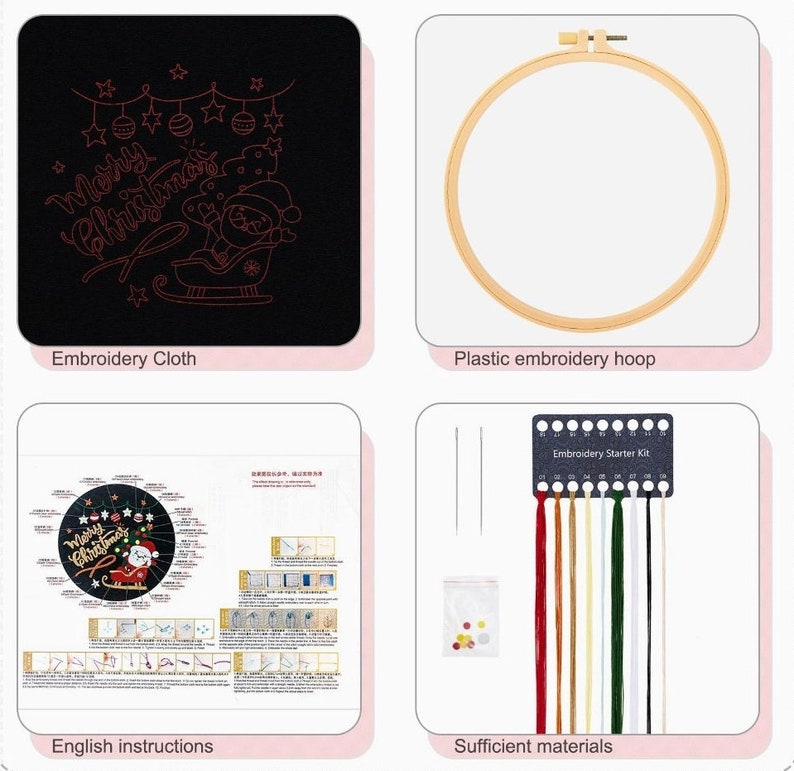 Complete Embroidery Kit special Christmas DIY Thread embroidery, Pattern and Instructions for Beginners, Santa Claus gift decoration idea. Free delivery image 3