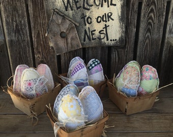 vintage quilt eggs/Easter eggs/Easter decor/Vintage berry baskets