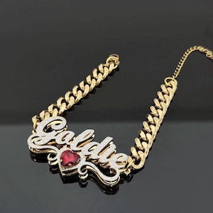 Personalisiertes Double-Layer-Namensarmband mit personalisiertem Herz-Geburtsstein aus 18K Gold