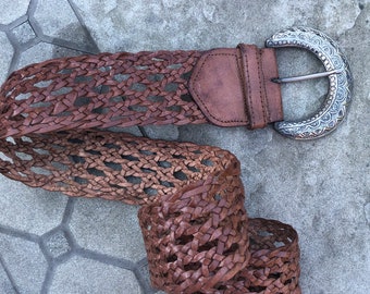 Vintage Woven Leather Belt with Silver Buckle