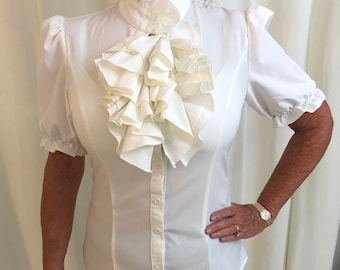 A0073/ High Neck White Ruffled Blouse, Sz XS