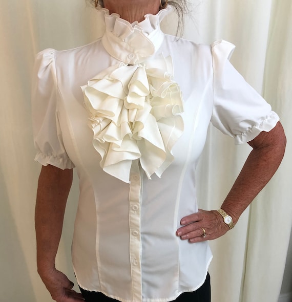 A0073/ High Neck White Ruffled Blouse, Sz XS - image 1