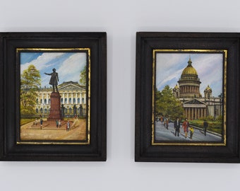 Vintage Miniature Russian Original Framed Paintings Set of Two Oil Paintings On Small Panels St. Petersberg 1992