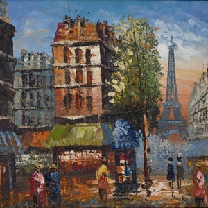 Vintage Original Oil Painting of Paris, Eiffel Tower Town Scene, Framed Original Art, Paris Art / Thick Impasto Painting, solid wood frame