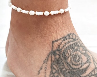 Fußkettchen | Armkettchen | Süsswasserperlen Fußkettchen | weiße Fußkette | Boho Fußkette | personalisierte Fusskette | Festivalschmuck