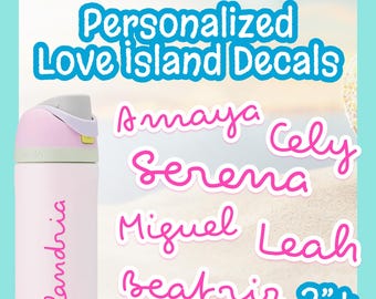 love island inspired custom name decals | villa themed water bottles, glasses, laptop stickers