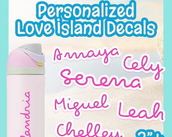 love island inspired custom name decals | villa themed water bottles, glasses, laptop stickers