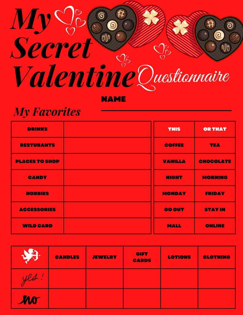 Printable PDF Secret Valentine List/questionnaire Instant Etsy