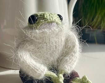 hand knit frog with sweater and pants