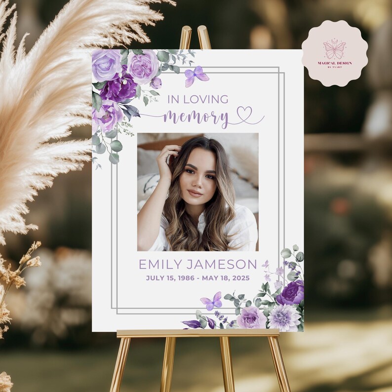Purple Butterfly Funeral Welcome Sign, Editable Celebration of Life Poster, Memorial Photo Display, Floral Photo Board Canva Template F028 bild 3
