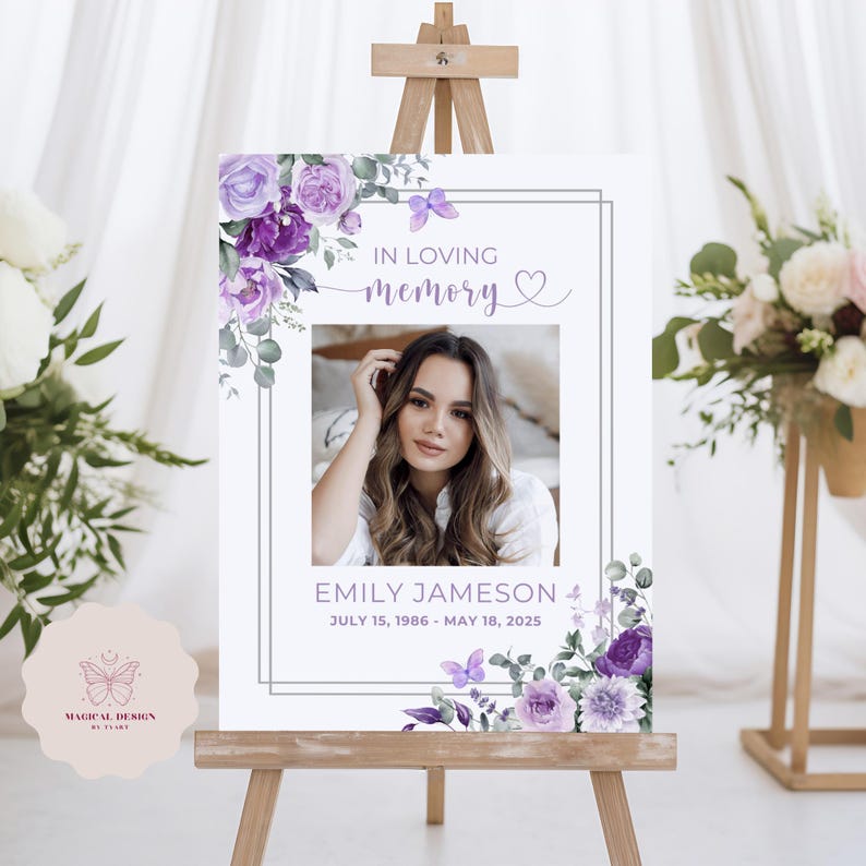 Purple Butterfly Funeral Welcome Sign, Editable Celebration of Life Poster, Memorial Photo Display, Floral Photo Board Canva Template F028 bild 2