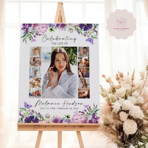 Purple Butterfly Funeral Poster, Editable Memorial Template, Celebration of Life Welcome Sign, Photo Collage Board, Photo Display Canva F021