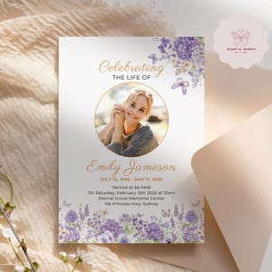 Lilac Butterfly Funeral Invitation Template, Purple Flowers Memorial Announcement Card, Editable Celebration of life Invite, Canva F027