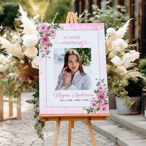 Editable Canva Template Funeral Welcome Sign Memorial Service Display Digital Download Package Pink Rose Floral Design Celebration Life Remembrance Board Entrance Decoration Loving Memory Tribute Customizable Photo Area Text Personalization