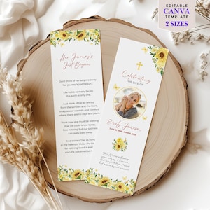 Puede incluir: Dos marcadores conmemorativos con detalles de girasoles y mariposas. Un marcador dice "Her Journey's Just Begun" con un poema. El otro dice "Celebrating the Life of" con una foto y un nombre. El texto "EDITABLE CANVA TEMPLATE 2 SIZES" está en la parte superior derecha.