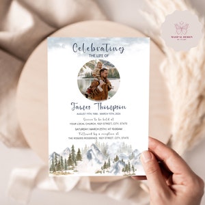 Mountain Funeral Announcement, Editable Celebration of life Invitation Template, Nature Memorial Service Card, Canva Funeral Invite F005