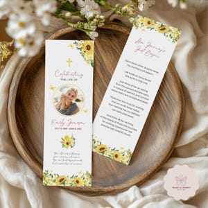 Butterfly Funeral Bookmark Template, Editable Yellow Roses Memorial Keepsake, Sunflower Celebration of Life Card, Funeral Favors, Canva F029