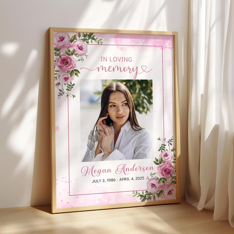 Digital Download Template Funeral Welcome Sign Editable Canva Design Memorial Service Display Celebration Life Remembrance Board Pink Rose Floral Pattern Multiple Size Options Customizable Photo Area Text Personalization Entrance Decoration