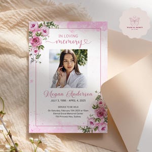 Pink Flowers Funeral Announcement, Editable Celebration of life Invitation Template, Floral Memorial Service Card, Canva Funeral Invite F025