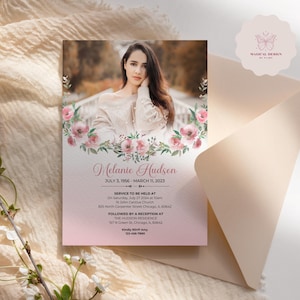 Pink Flower Funeral Announcement Card, Editable Funeral Invitation Template for Woman, Memorial Celebration of life Invite Canva Design F015