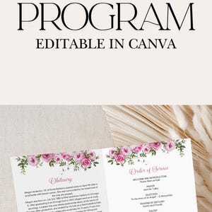 Funeral Program Template Pink Roses Floral Design Memorial Service Celebration Life Tribute Digital Download Editable Obituary Canva Elegant image 12