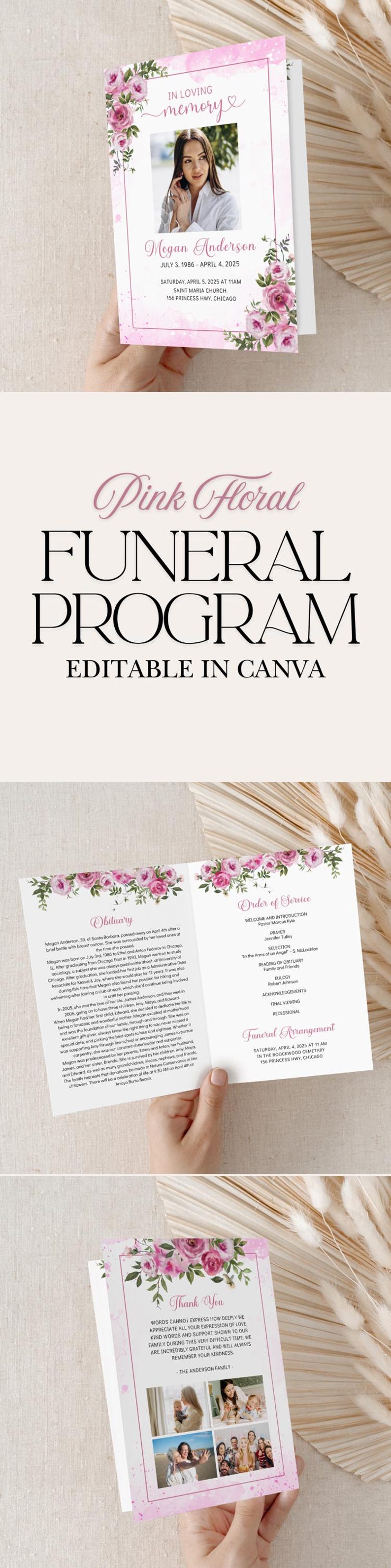 Funeral Program Template Pink Roses Floral Design Memorial Service Celebration Life Tribute Digital Download Editable Obituary Canva Elegant image 12