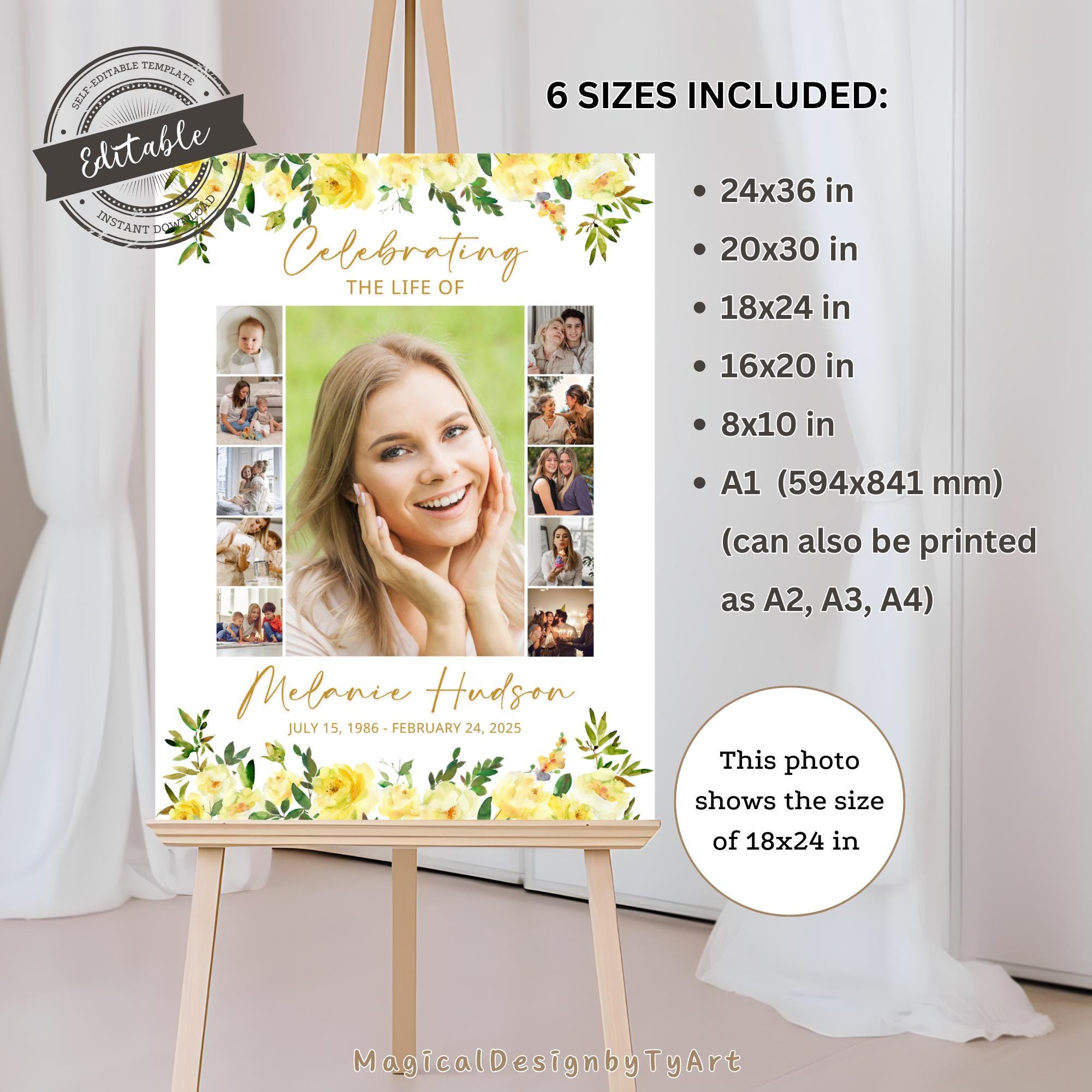 Yellow Roses Funeral Vector Yellow Roses Funeral Poster: Editable Memorial Photo Collage (canva ...