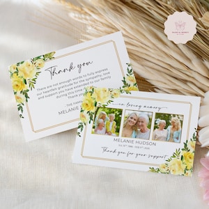 Funeral Thank You Card, Yellow Roses Sympathy Acknowledgement, Editable Memorial Template, Floral Celebration of Life Canva Design F006