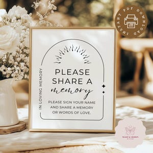 Placa de memória compartilhada para funeral, cartão memorial para impressão, decoração moderna para celebração da vida, mesa de memória minimalista 8x10 Download instantâneo S008