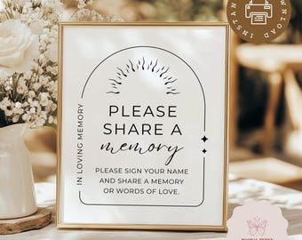 Funeral Share a Memory Sign, Printable Memorial Card, Modern Celebration of Life Decor, Minimalist Memory Table 8x10 Instant Download S008