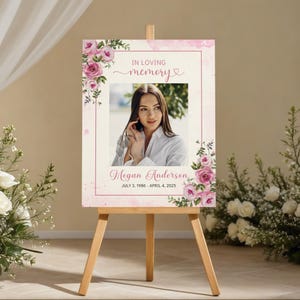 Pink Rose Floral Design Funeral Welcome Sign Memorial Service Display Celebration Life Remembrance Board Elegant Entrance Decoration Digital Download Template Editable Canva Format Customizable Photo Area Text Personalization Multiple Size