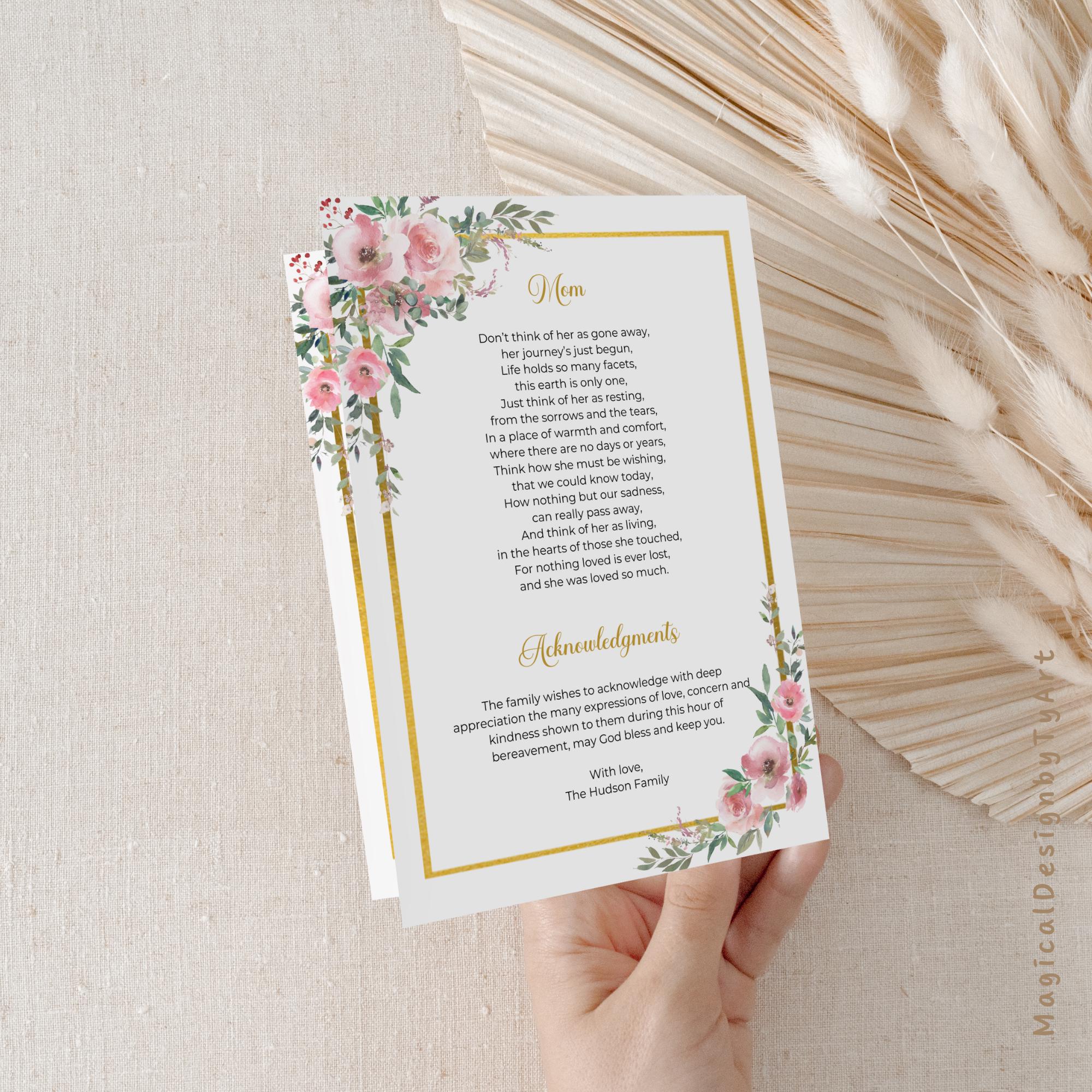 Pink Rose Funeral Program Template for Woman, Editable 4 Pages Obituary ...