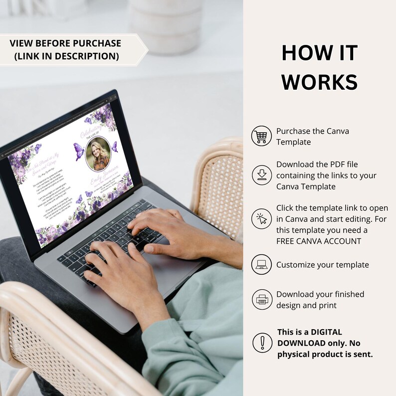 Purple Butterfly Funeral Program Template Digital Memorial Service Booklet Celebration Life Remembrance Card Obituary Editable Canva Design imagen 8