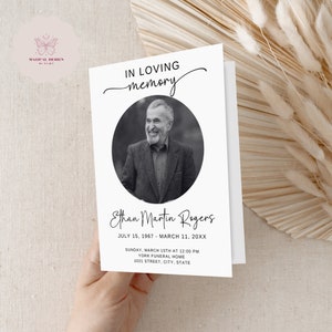 May include: A black and white photo of a man in a suit, with the text "In loving memory" above the photo and "Ethan Martin Rogers" below the photo. The text "July 15, 1967 - March 11, 20XX" is below the name. The text "Sunday, March 15th at 12:00 PM, York Funeral Home, 1021 Street, City, State" is below the date.