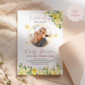 Yellow Roses Funeral Invitation Template, Yellow Butterfly Memorial Announcement Card, Editable Floral Celebration of life Invite Canva F022