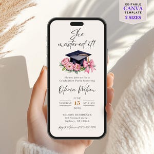 Masters Graduation Invitation Digital Template Canva Design Animated Celebration Announcement Virtual Ceremony Graduate Achievement Recognition Academic Success Party Invite Editable Format Online Sharing Customizable Details Professional