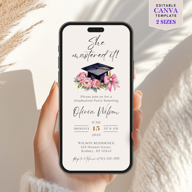 Masters Graduation Invitation Digital Template Canva Design Animated Celebration Announcement Virtual Ceremony Graduate Achievement Recognition Academic Success Party Invite Editable Format Online Sharing Customizable Details Professional