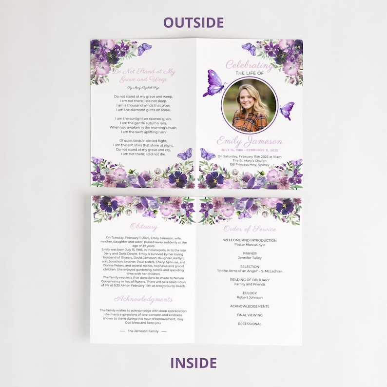 Butterfly Memorial Template Purple Design Digital Funeral Program Celebration Life Booklet Service Remembrance Card Obituary Layout Editable Canva Format Printable Ceremony Program Bereavement Service Four Page Bifold Multiple Sizes