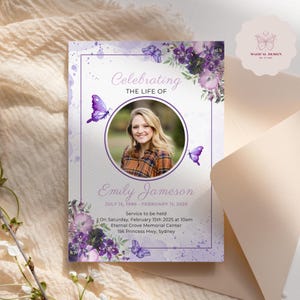 Purple Butterfly Funeral Announcement, Celebration of life Invitation Template, Editable Memorial Invite Card, Floral Canva Design F021