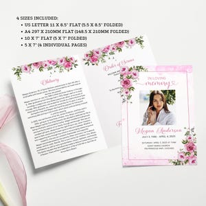 Funeral Program Template Pink Roses Floral Design Memorial Service Celebration Life Tribute Digital Download Editable Obituary Canva Elegant image 6
