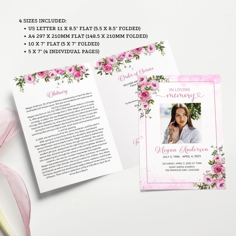 Funeral Program Template Pink Roses Floral Design Memorial Service Celebration Life Tribute Digital Download Editable Obituary Canva Elegant image 6