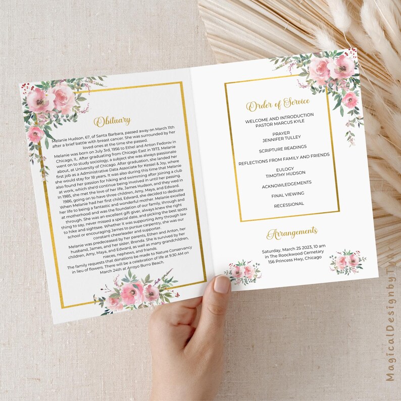 Pink Rose Funeral Program Template for woman, Editable 4 Pages Obituary ...