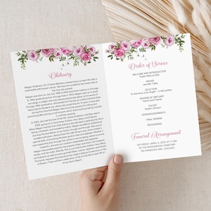 Digital Memorial Template Pink Roses Design Funeral Program Layout Celebration Life Booklet Editable Canva Format Beautiful Floral Arrangement Elegant Presentation Multiple Size Options Professional Looking Template Customizable Memorial