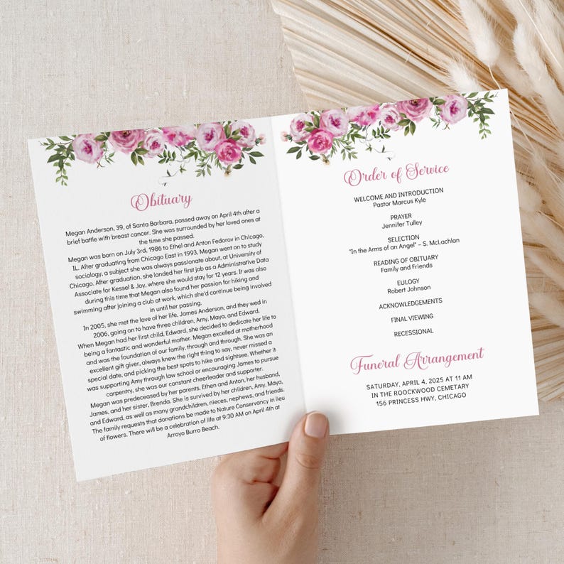 Digital Memorial Template Pink Roses Design Funeral Program Layout Celebration Life Booklet Editable Canva Format Beautiful Floral Arrangement Elegant Presentation Multiple Size Options Professional Looking Template Customizable Memorial
