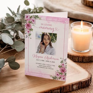 Celebration Life Program Pink Roses Template Memorial Service Booklet Funeral Arrangement Document Digital Download Editable Format Canva Design Elegant Presentation Multiple Sizes Available Professional Looking Layout Customizable Template