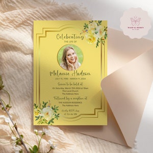 Yellow Funeral Announcement, Editable Funeral Invitation Template, Celebration of life Invite, Gold Personalized Memorial Card Canva F002